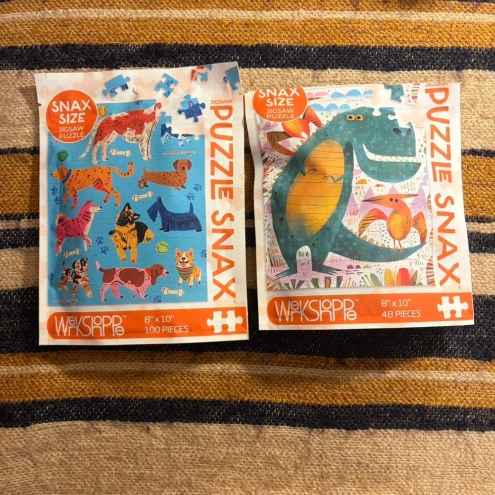 WerkShoppe Puzzle Snax Jigsaw Puzzle Set Dogs 100pc & Dinosaurs 48pc New Used